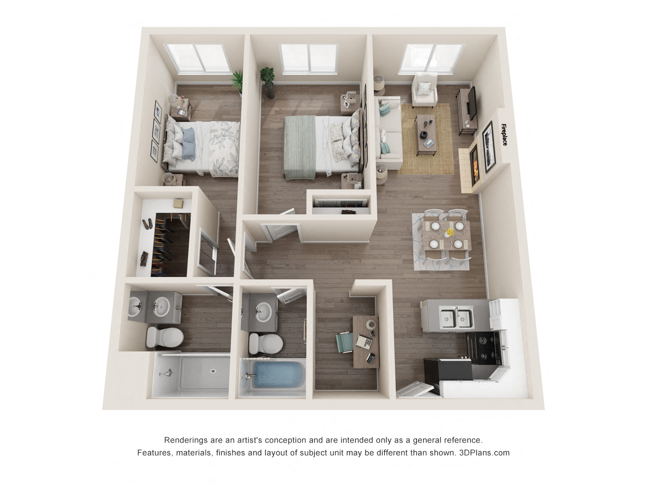 Floor plan for 2 beds, 2 baths, 1200 sqft